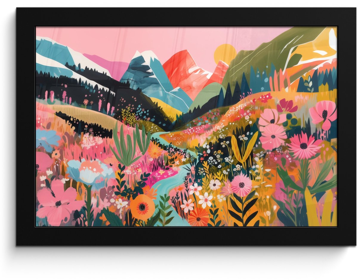 FrameYourWall Poster in lijst - Fotolijst 30x20 cm - Posters - Rivier - Diepte - Bloemen - Posterlijst zwart - Decoratie - Wanddecoratie woonkamer - Muurdecoratie slaapkamer Rivier - Bergen - Kleurrijk