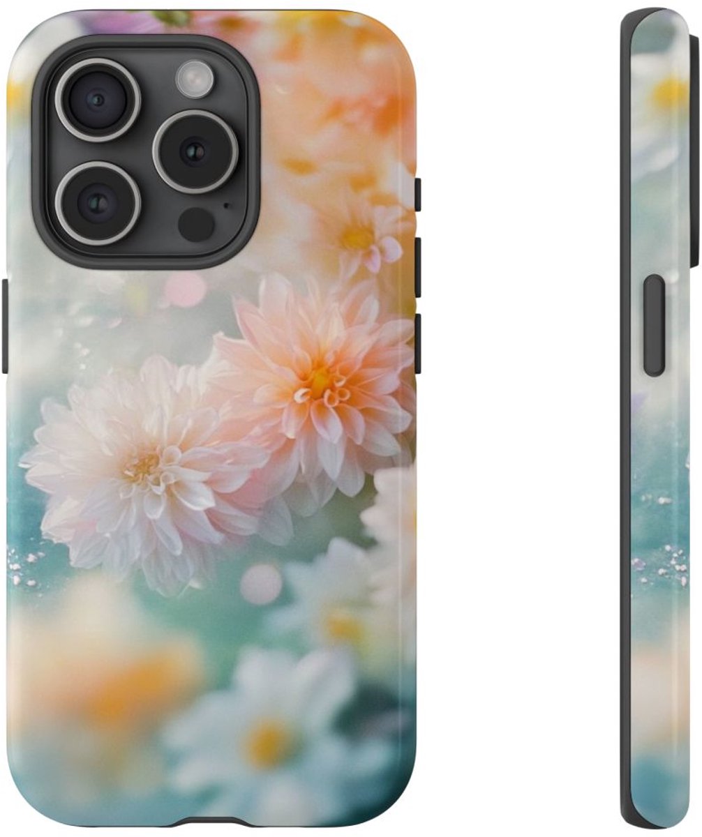 Zachte Pastel Dahlia's Bloemmotief – Telefoonhoesje Geschikt voor iPhone 15 Pro