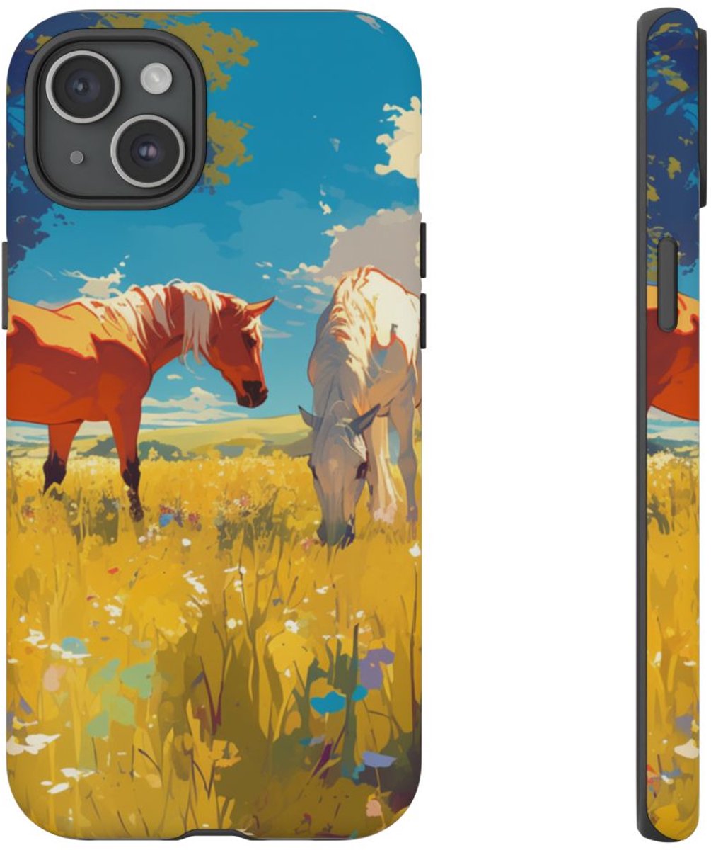 Paarden Grazend in Zonnig Veld – Telefoonhoesje Geschikt voor iPhone 15 Plus