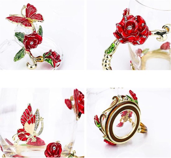 Bloem Glazen Theekopje, Emaille Glazen Kopjes met Delicate Lepel,Rozen Drinkbekers met Handgrepen Koffiebekers,Verjaardag, Valentijnsdag, Moederdag, Huwelijksverjaar (Rood, Hoog) van Bloem — afbeelding 2