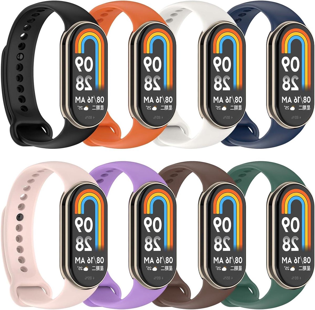 Homirty Pack van 8 Zachte Siliconen Horlogebandjes - Compatibel met Xiaomi Mi Band 8-9 - Vervangende Armbanden - Verstelbare Lengte 13-19 cm