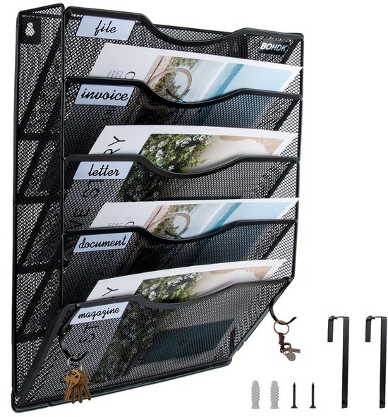Organiseur Mural En Maille 5 Niveaux Avec Plateau – Support Pour Dossiers Suspendus, Grande Capacité, Bureau Ou Maison