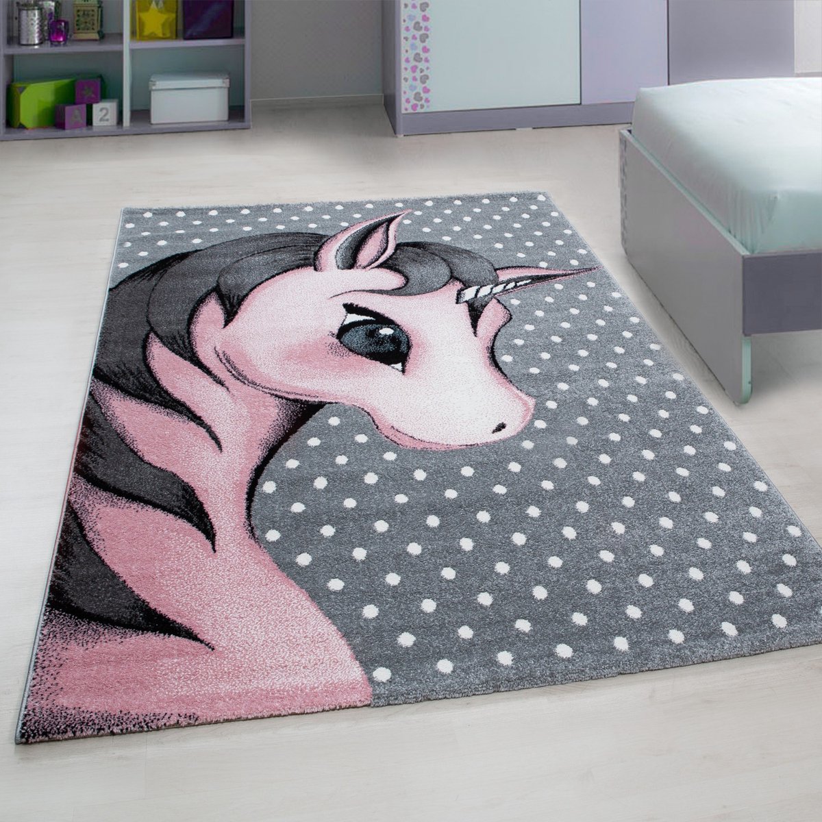 Kids Eenhoorn Vloerkleed Kinderkamer Roze / Grijs Laagpolig- 140x200 CM