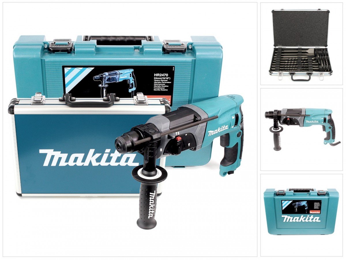 Makita HR 2470 780 W SDS-Plus 24 mm klopboormachine in koffer + D-42444 SDS-Plus boorset 17 stuks in aluminium koffer