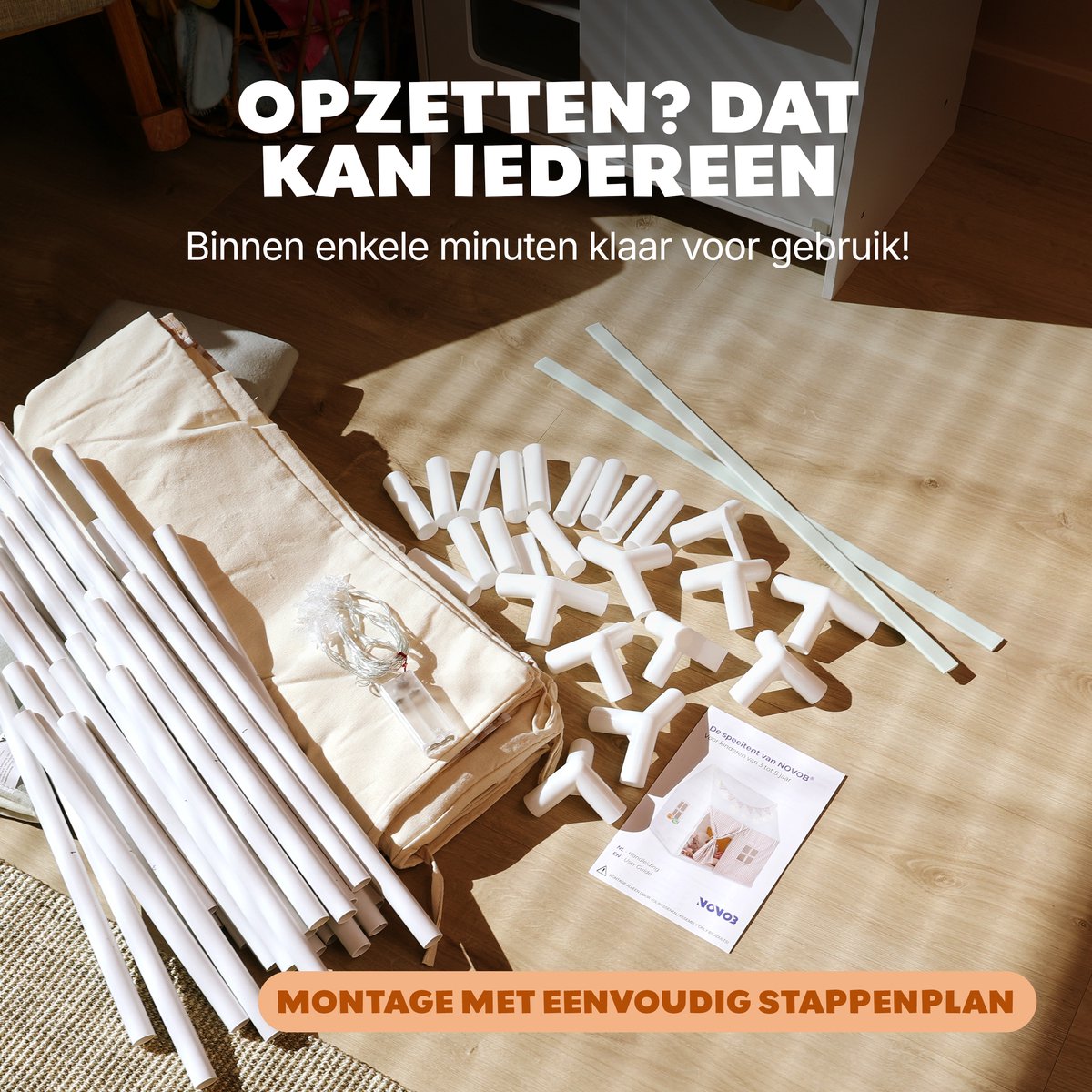 NOVOB® Speeltent - Kinder tent Jongens & Meisjes - Speelhuis voor Binnen - Kinderspeelgoed 3 t/m 8 jaar- Incl. Zachte Mat met Verlichting, 2 Vlaggetjes & Opbergvakken - Beige/Bruin — afbeelding 10