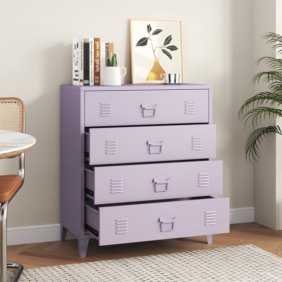 Commode violette avec quatre tiroirs ouverts, placée dans une pièce.
