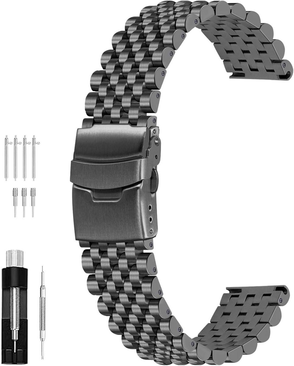 Allecto Premium - Roestvrij stalen horlogeband 20mm 22mm - gepolijst en geborsteld - Dames en Heren - Metalen snelsluiting - Dubbele vouwgesp - Horlogebanden met halve kralen