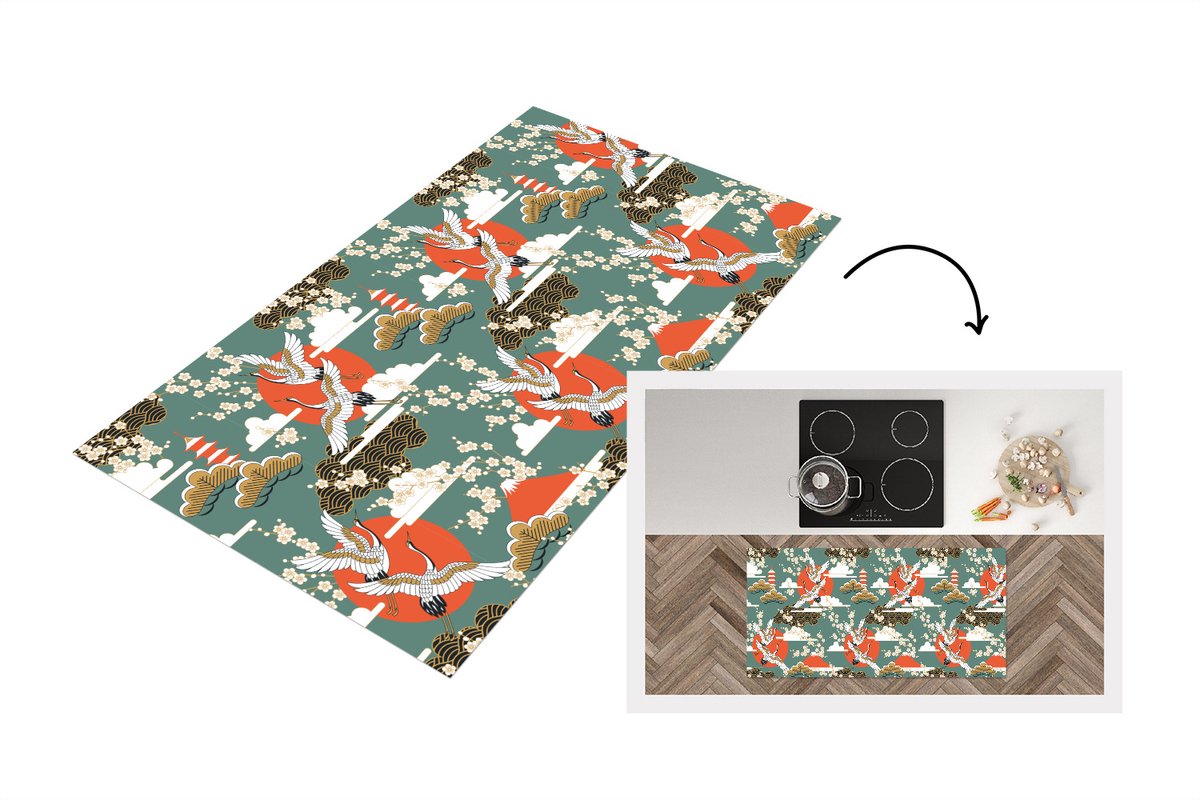 KitchenYeah Keukenloper 120x60 cm - Keukenmat vinyl Kraanvogel - Sakura - Zon - Patronen - Keukenmatten loper - Keuken vloerkleed tapijt Kraanvogel - Sakura - Patronen