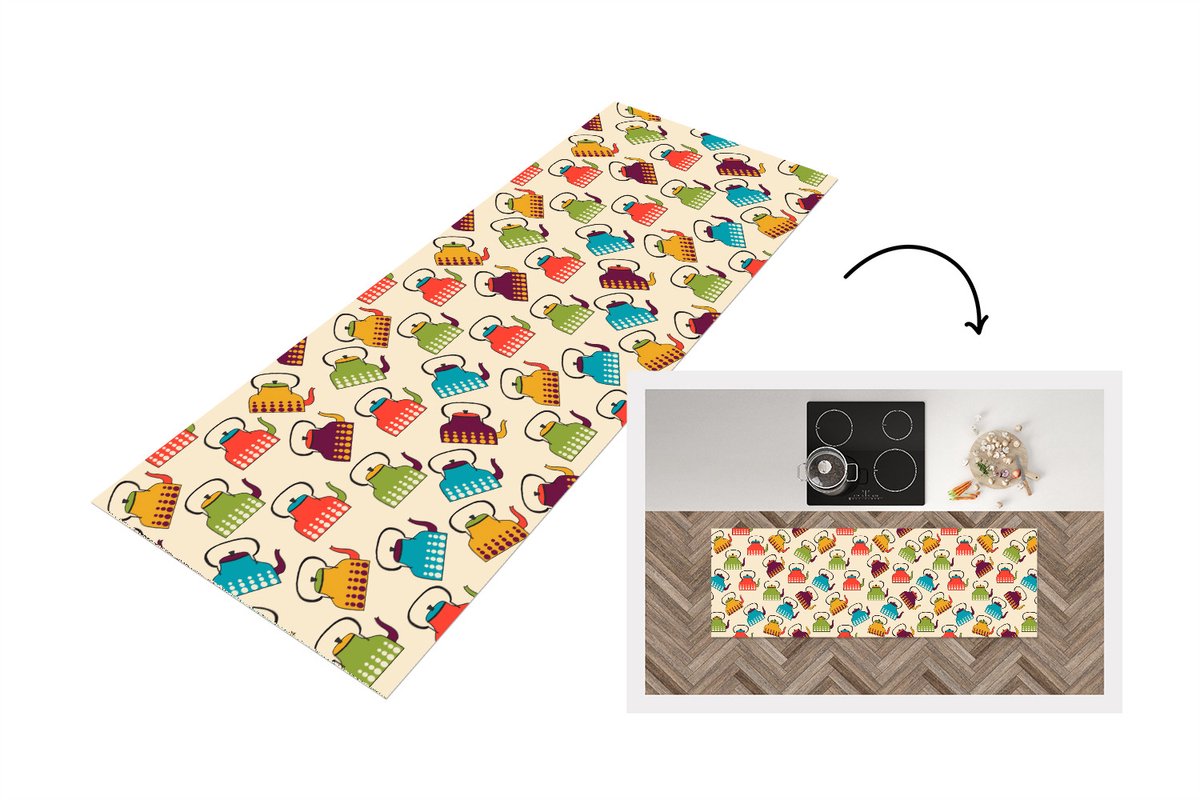 KitchenYeah Keukenloper - Keukenmat vinyl Design - Retro - Theepot - Kleuren - Keukenmatten loper - Keuken vloerkleed tapijt, foto 3