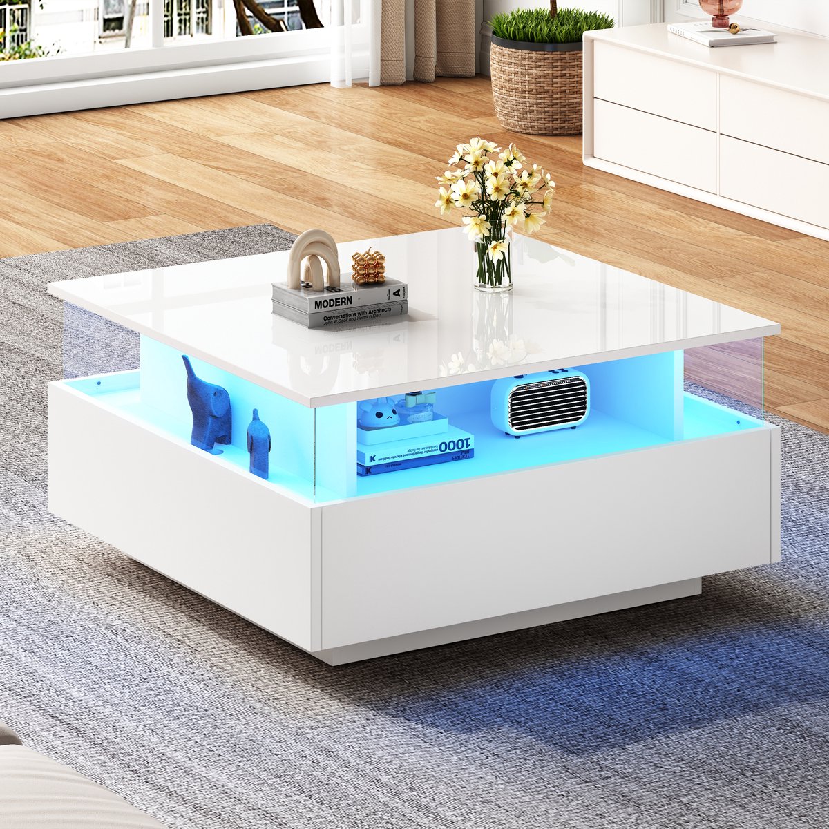 SINGULARITY Salontafel - 70*70*41 cm - Hoogglans LED salontafel - met 2 laden - 30 kg inhoud - Wit