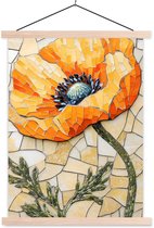 Posterhanger incl. Poster 87x120 cm - Schoolplaat - Klaprozen - Oranje - Mozaïek - Bladeren - Textielposter - Blanke latten