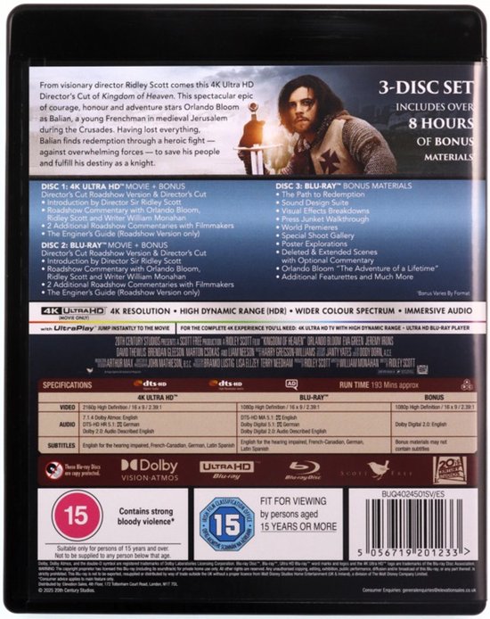 Achterkant van de 3-disc 4K Ultra HD + Blu-ray set van Kingdom of Heaven met een afbeelding van een ridder.