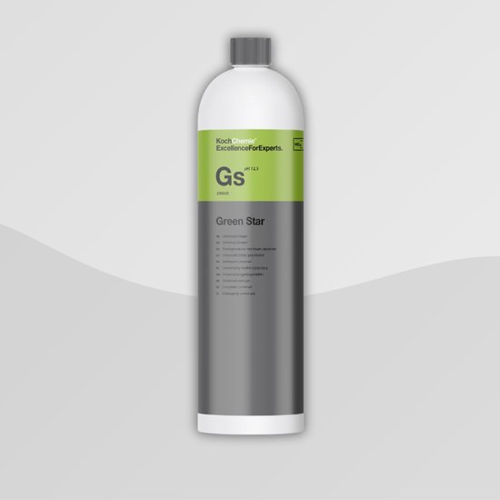 Bouteille Koch Chemie Green Star avec une étiquette grise et des accents verts, pH 12,5.