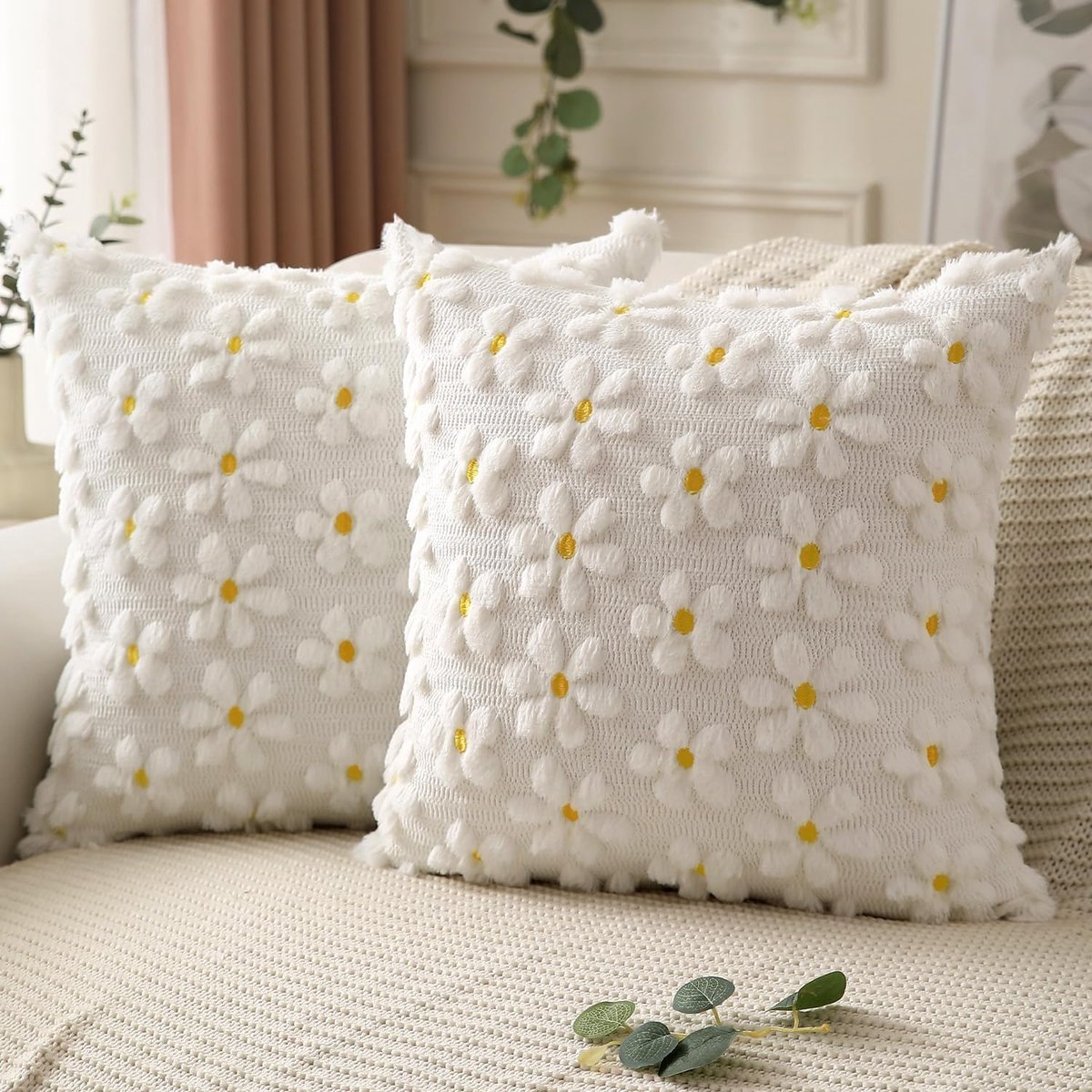Ibenzoa Kussenslopen Set van 2 met Bloemenpatroon voor Woonkamer en Slaapkamer Decoratie wit