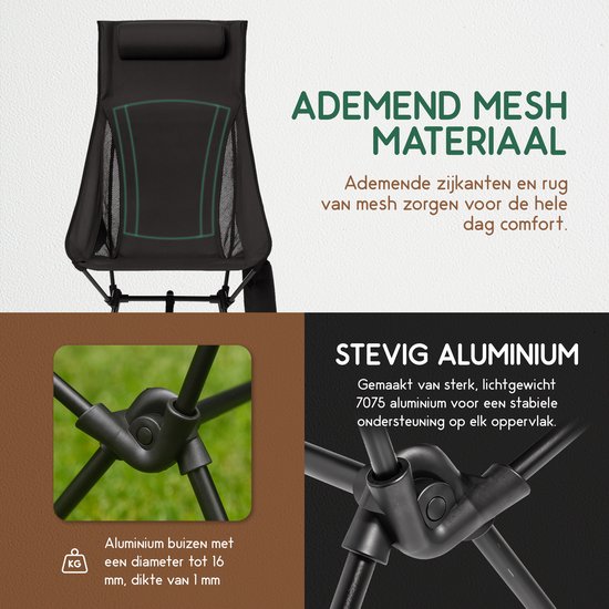 Recalma Campingstoel Zwart - Opvouwbare Vouwstoel met Neksteun - Lichtgewicht Visstoel - Vouwstoel Inklapbaar - Incl. Drankhouder, Draagtas en opbergvak - Comfortabel XL model - Zwart van Recalma — afbeelding 5