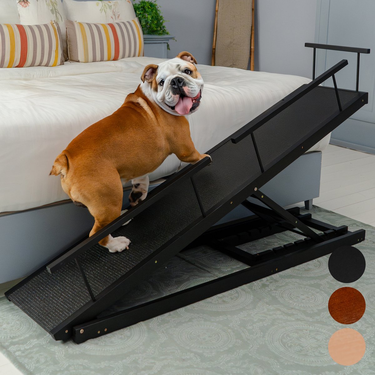 Hondenloopplank voor bed PRIORPET met Veiligheidsrailing - Verstelbare Hondentrap voor bed Berkenhout - Loopplank voor hoge bedden tot 94.5 cm - Anti-slip - Voor kleine honden tot 23kg - Zwart