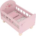 Roze poppenbed met spijlen, bloemendecoratie en houten pootjes. Little Dutch.