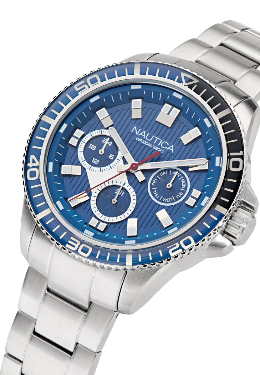 Nautica Nct Windrose Quartz Chronograaf Horloge Zilveren Toon Kast: 100% Roestvrij Staal. Armband: 100% Roestvrij Staal 46.5 NAPWRS505