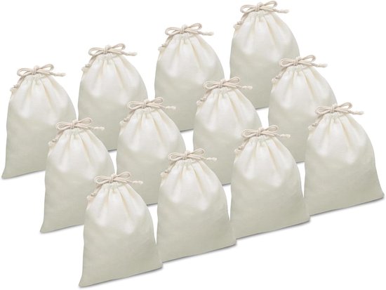 Allecto Premium - Set van 12 kleine stoffen zakjes 25 x 30 cm met trekkoord - Stoffen tas om te beschilderen - DIY trekzak voor kinderverjaardag, bruiloft en adventskalender.
