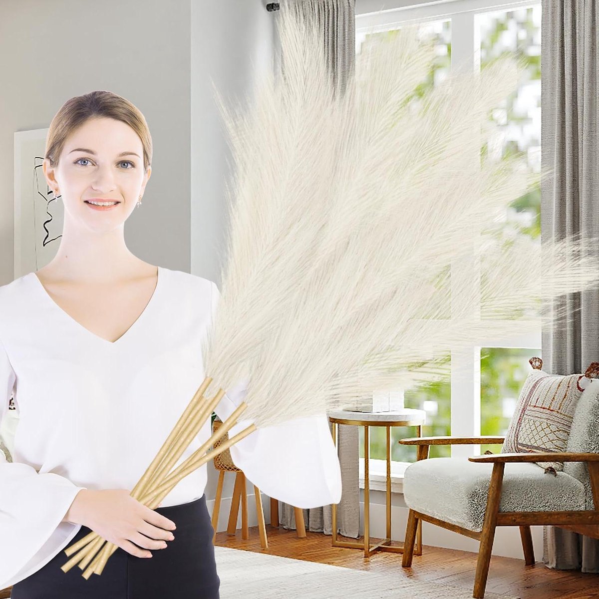 Allecto Premium - Kunstmatig Pampasgras 97 Cm Faux Groot Pluizig Gedroogd - Woondecoratie voor Bruiloft Woonkamer - Beige