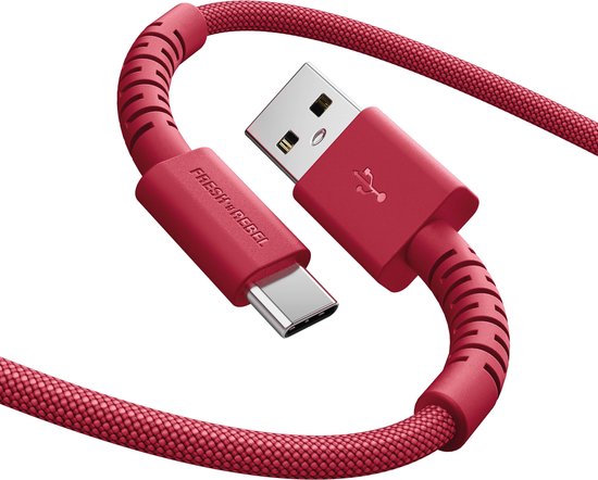 USB-A naar USB-C kabel 2m ultraflexibel siliconen gevlochten nylon 18W snel opladen knoopvrij berry red