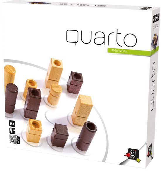 Doos van Quarto spel met houten pionnen in naturel en bruin, en de tekst 'quarto' in zwart.