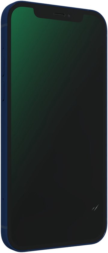 Schuine weergave van een donkerblauwe iPhone 12 met donkergroen scherm.