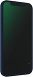 Schuine weergave van een donkerblauwe iPhone 12 met donkergroen scherm.