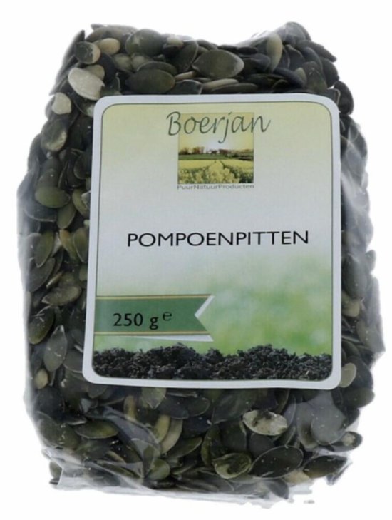 Zak Boerjan pompoenpitten 250g. De zak bevat veel groene pompoenpitten met een etiket.