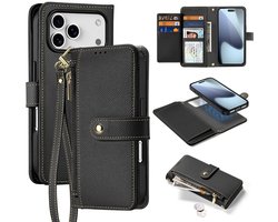 Dux Ducis Hoesje - Geschikt voor iPhone 17 Pro Hoesje - Dux Ducis Lawa - Genuine Leather 2-in-1 Portemonnee & Back Cover - MagSafe Compatible - Zwart