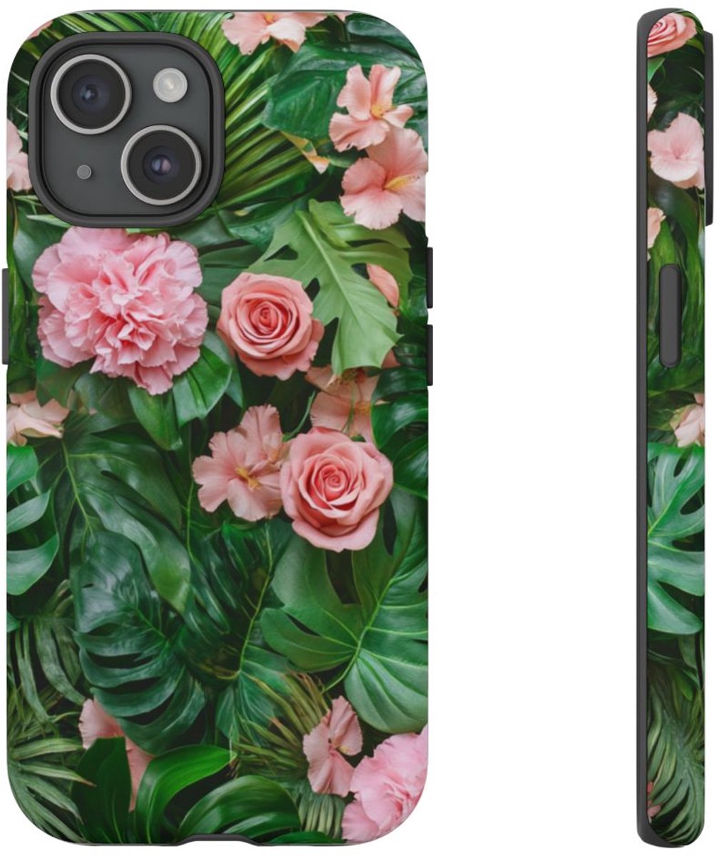 Roze Rozen en Tropische Bladeren Patroon – Telefoonhoesje Geschikt voor iPhone 15 Plus
