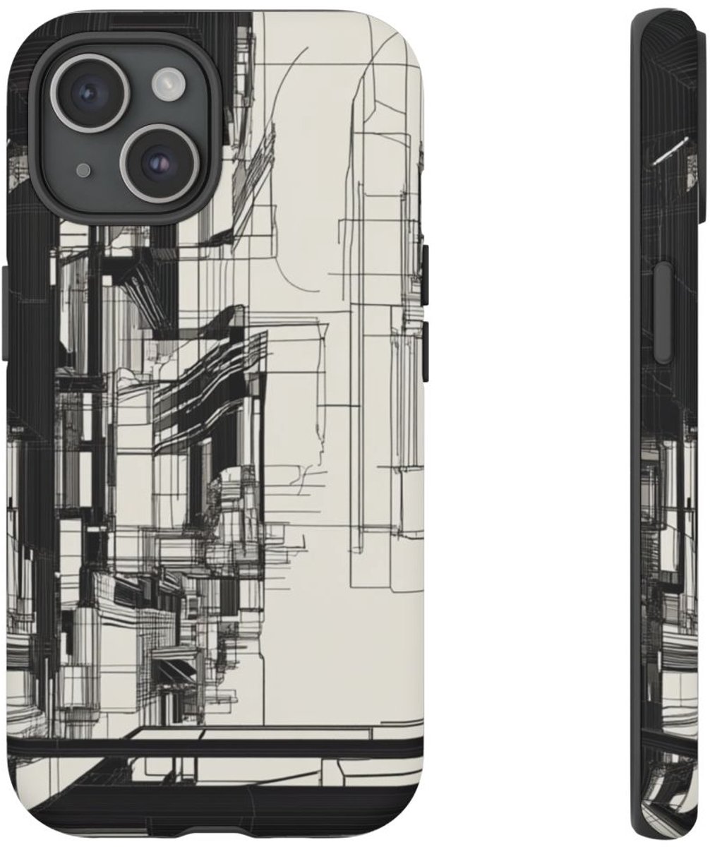 Abstracte Stedelijke Lijntekening – Telefoonhoesje Geschikt voor iPhone 15