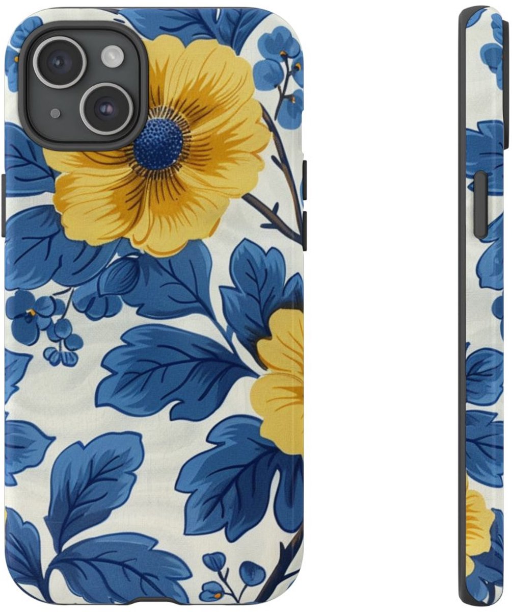 Blauw-Geel Bloemenpatroon – Telefoonhoesje Geschikt voor iPhone 15 Plus