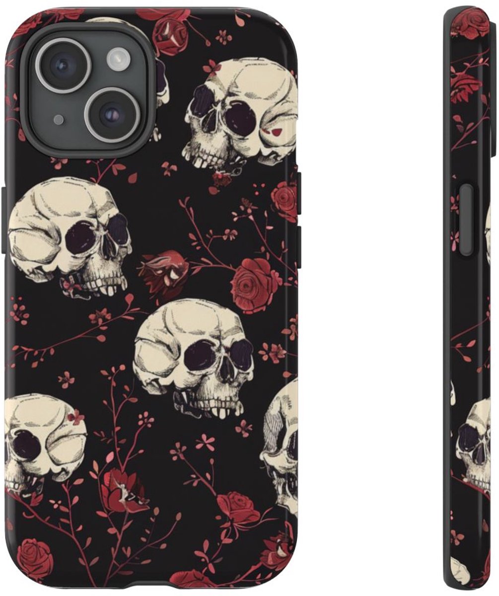 Schedels en Rode Rozenpatroon – Telefoonhoesje Geschikt voor iPhone 15