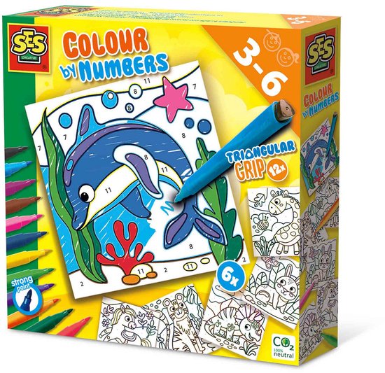 SES Creative – Kleuren op Nummers – Driehoek Grip Stiften – 6 Grote Kleurplaten – 12 Uitwasbare Stiften – Vanaf 3 jaar