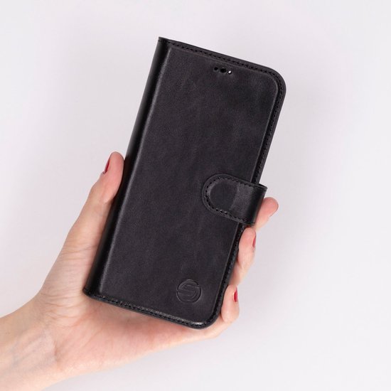 Étui en cuir iPhone 16 Plus - Solidenz Bookcase Étui en cuir iPhone 16 Plus - Cuir véritable - Étui téléphone avec porte-cartes - Étui en cuir pleine fleur - Noir