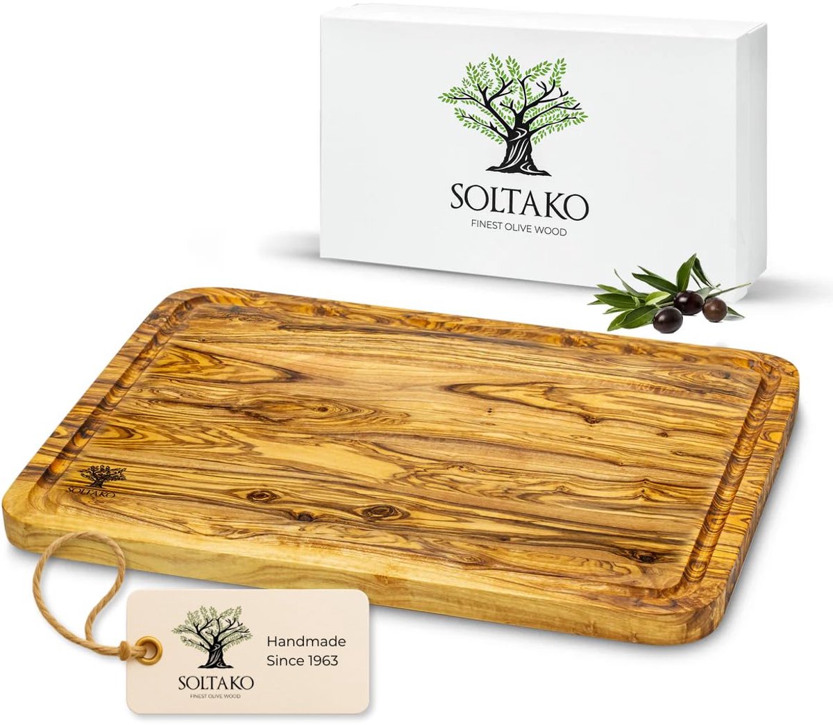 SOLTAKO Snijplank Olijfhout met Sapgleuf 33 x 22 cm "The Wood Master M" - Massieve Serveerplank, Snijplank van Olijfhout
