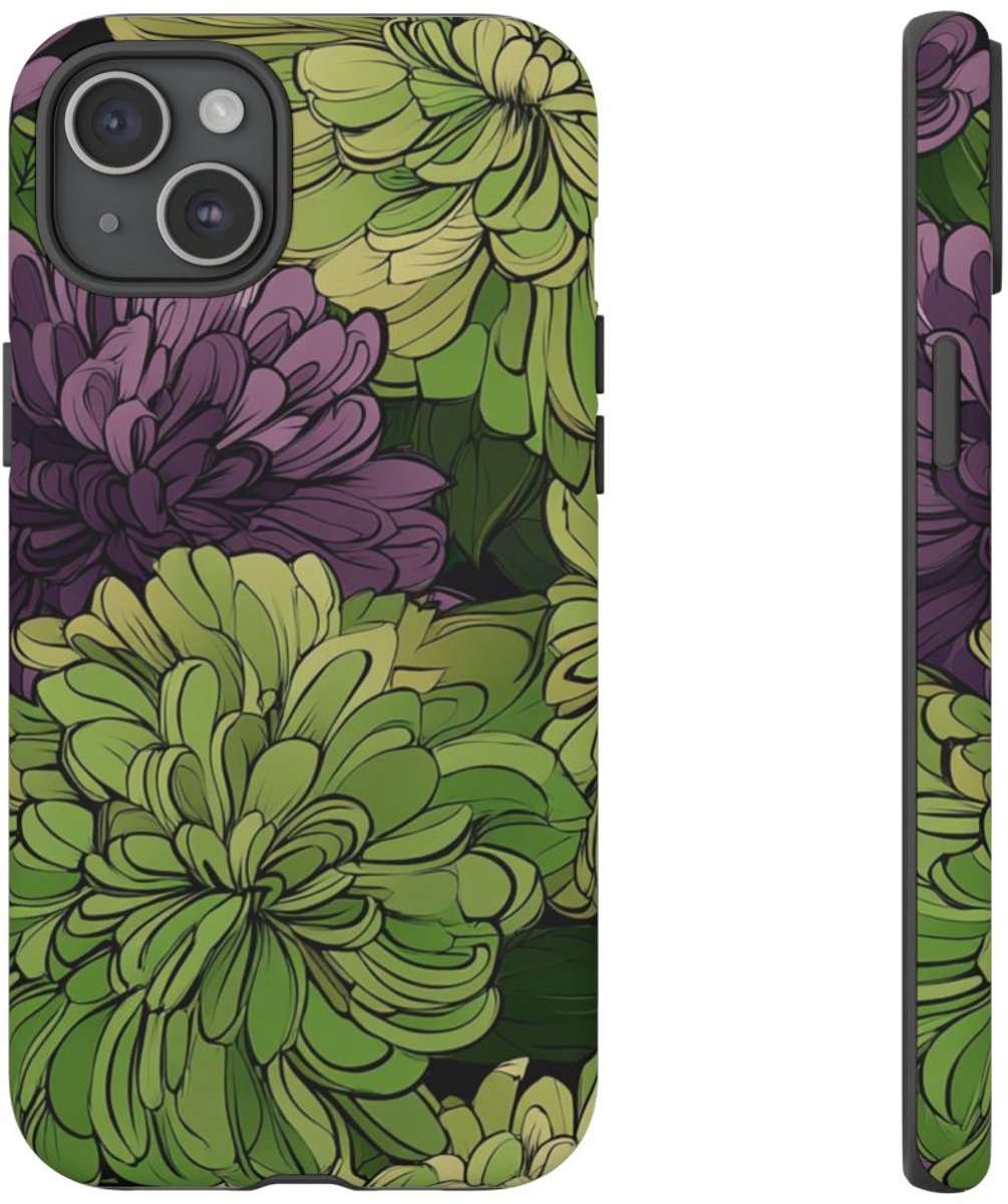 Groen-Paarse Chrysantenprint – Telefoonhoesje Geschikt voor iPhone 15 Plus