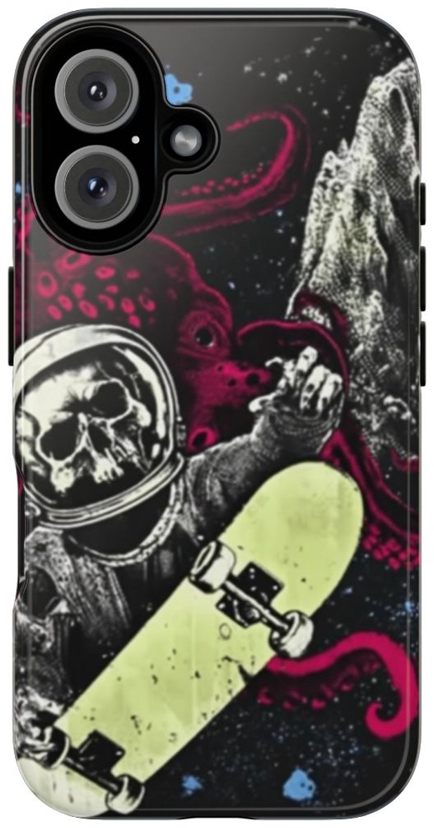 Schedel-Astronaut met Skateboard en Octopus – Telefoonhoesje Geschikt voor iPhone 16