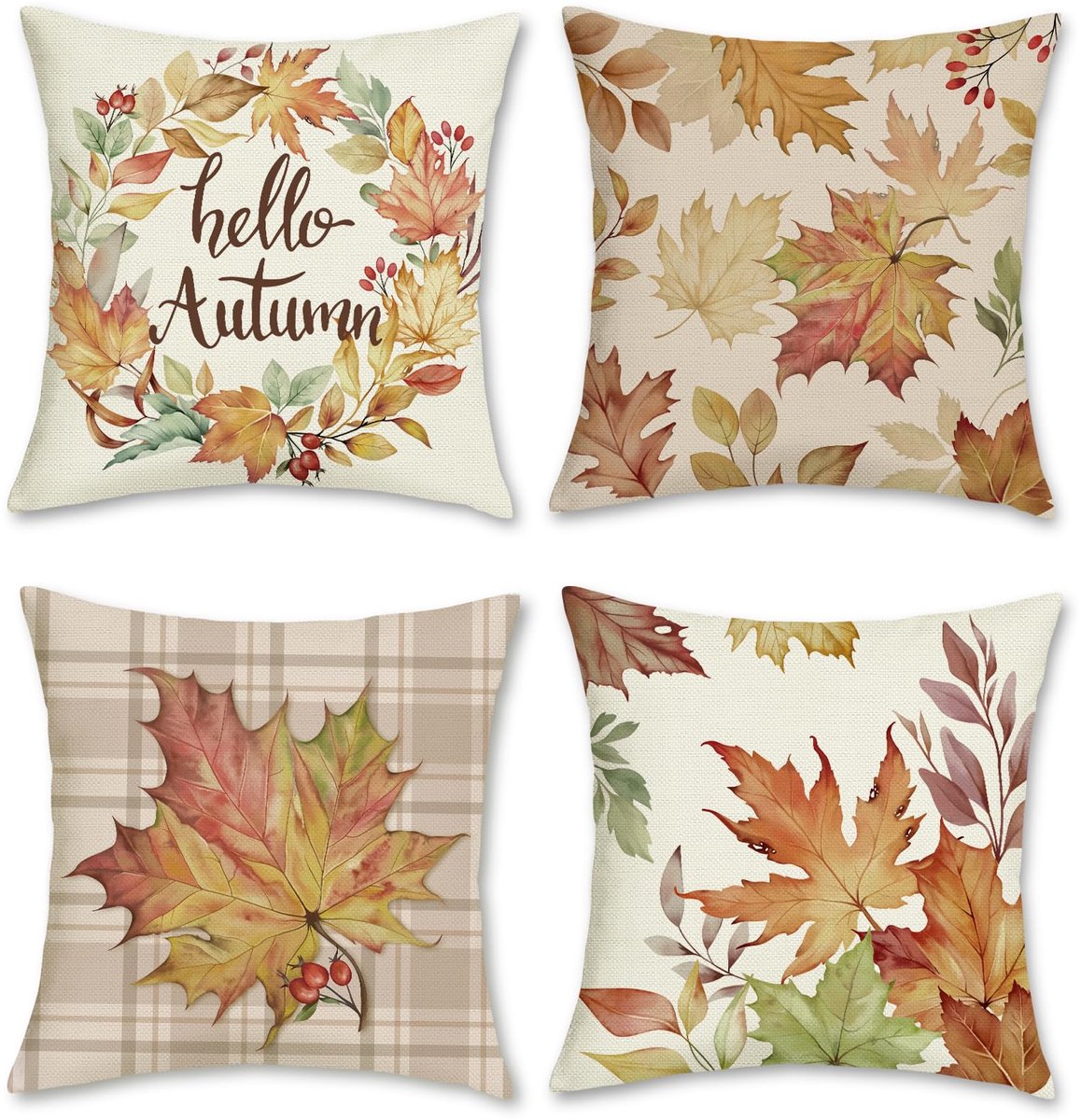 Ibenzoa Set van 4 Herfst Kussenslopen met Bladeren en Krans Design voor Woon- en Slaapkamer bruin