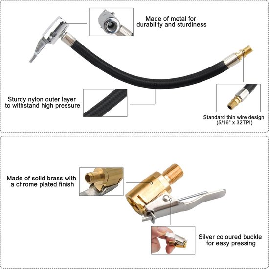 Ventielverlengset 24 cm inclusief bandenpomp slang en hefboomstekker - Voor auto, fiets, motorfiets - Luchtslang ventielverlenging met 8 mm autoventiel - Handige inflator pomp slang — afbeelding 2