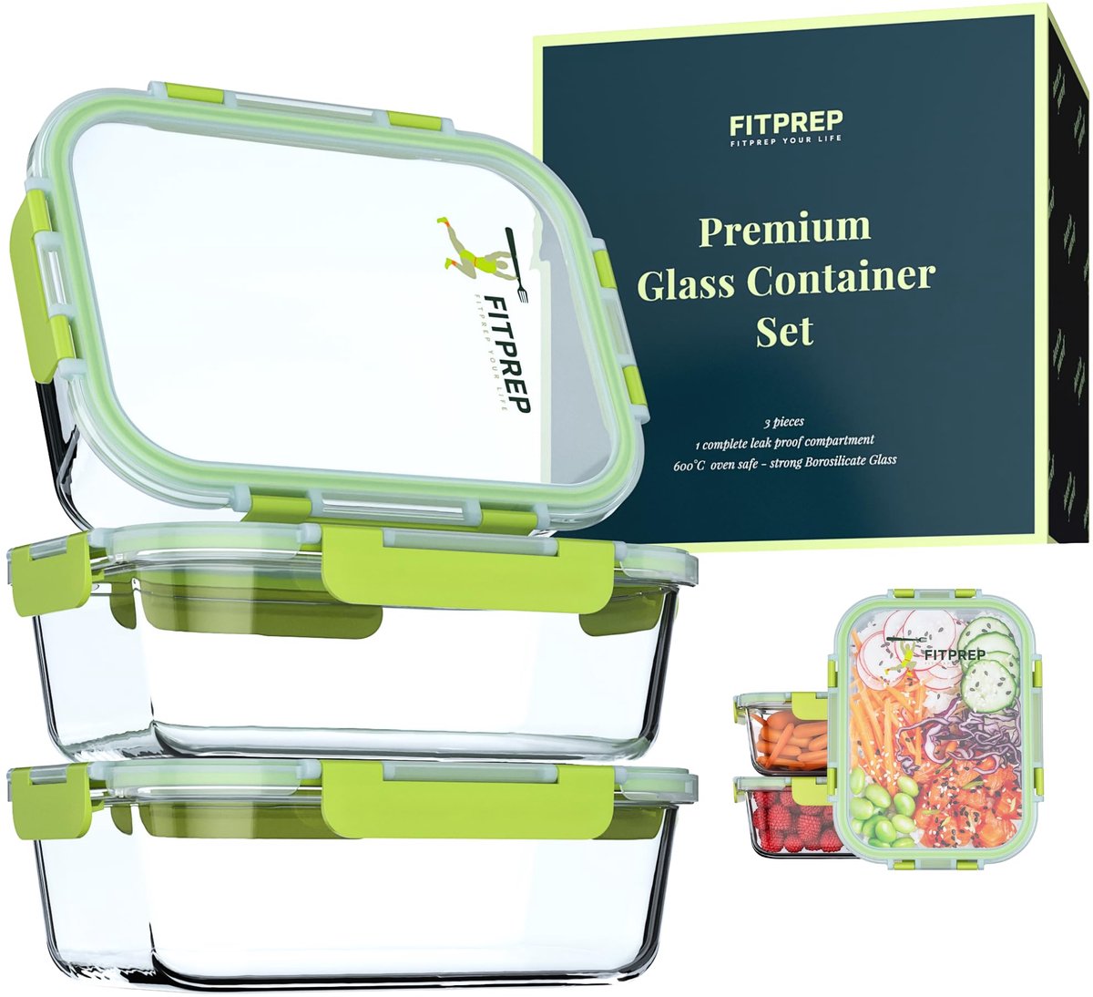 FITPREP® glazen bewaardozen met deksels set van 6 [3 bewaardozen + 3 deksels] Premium bewaardozen met deksels, luchtdicht voor maaltijdvoorbereiding, 880 ml, maaltijdvoorbereidingsdozen, lunchbox, duurzaam en veelzijdig.