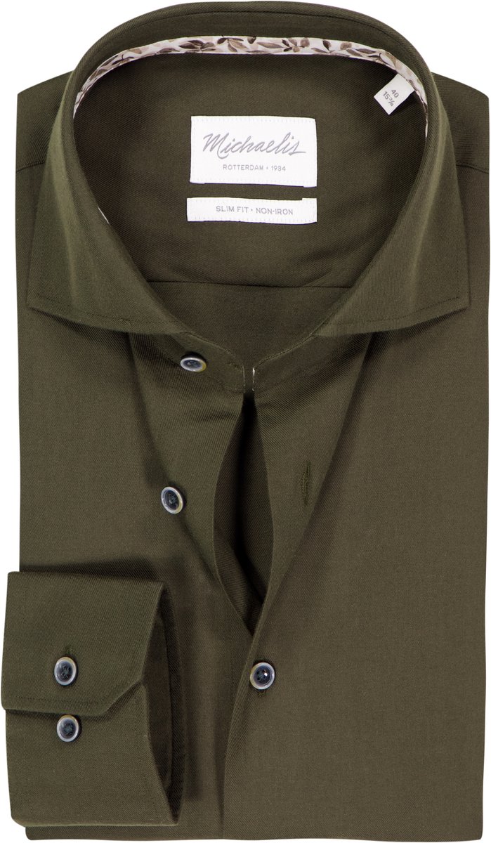Michaelis slim fit heren overhemd - twill - olijfgroen - Strijkvriendelijk - Boordmaat: 41