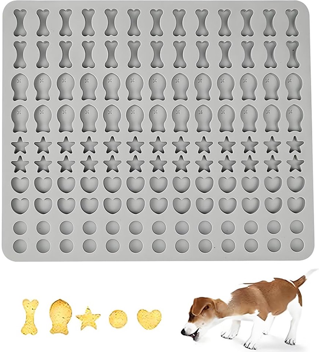Bakmat voor hondenkoekjes, siliconen bakvorm voor hondenkoekjes, 5 vormen in 1 BPA-vrije bakmat, mini bakmat voor hondensnoepjes voor zelfgemaakte hondenkoekjes en -snoepjes (lichtgrijs, 130 roosters)