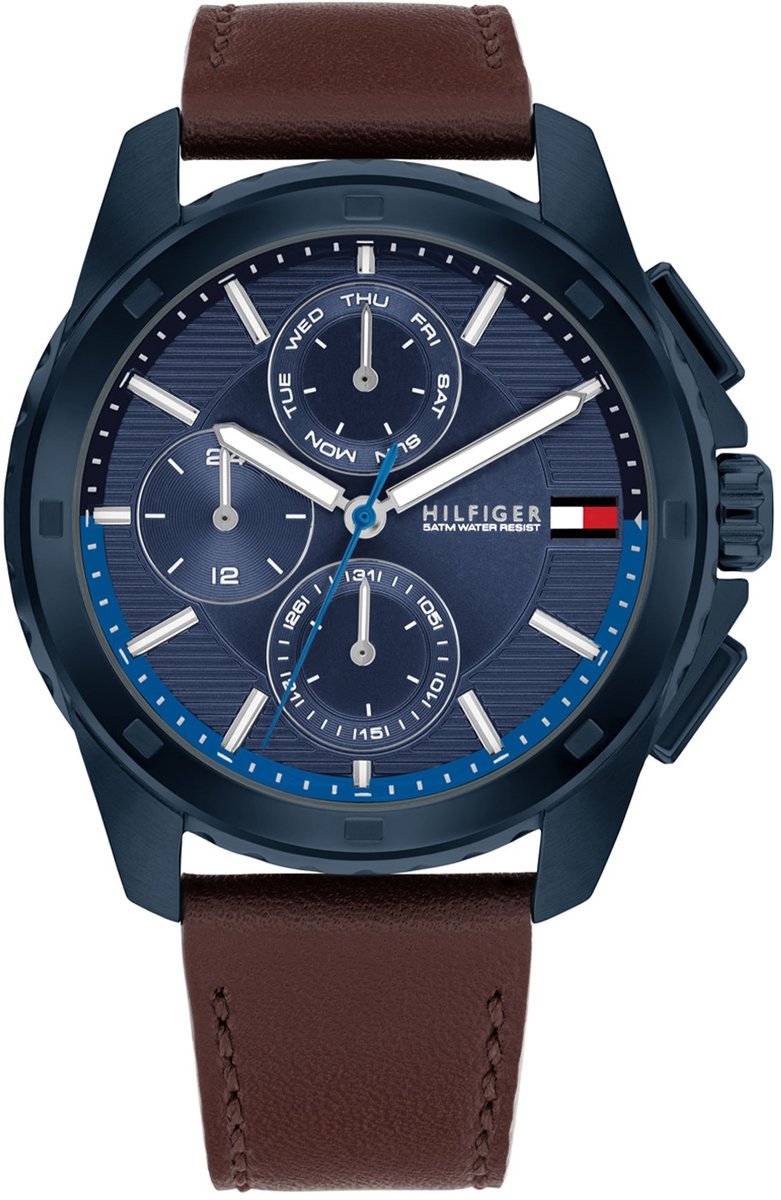 Tommy Hilfiger TH1710632 WALKER Heren Horloge - Mineraalglas - Staal-Leer - Blauw-Bruin - 44 mm breed - Quartz - Gesp - 5 ATM (douchen)