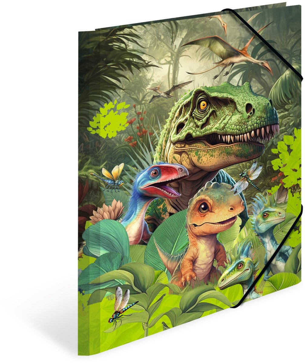HERMA A4 Dinosaurus Mappen Set, 3-delig, kinderhoekmappen van karton met dierenmotief van dinosaurussen, elastiek, binnenflappen en binnenopdruk voor jongens en meisjes