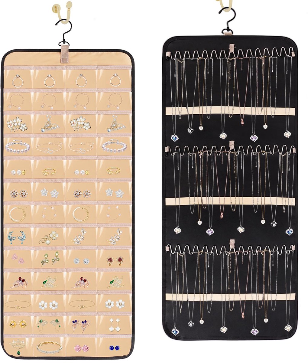 Oemmn dubbelzijdige hangende sieradenorganizer, hangende sieradenorganizer met 48 compartimenten en 3 golfvormige haken, sieradenrol voor oorbellen, kettingen, ringen op kast, muur, deur