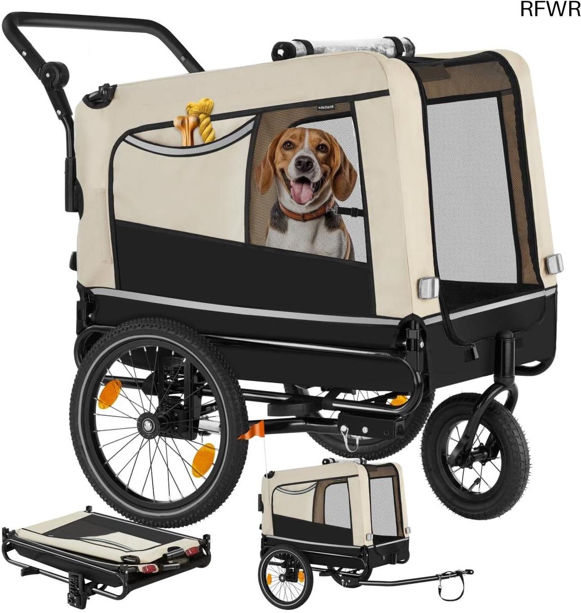 RFWR® Fietskar voor honden 3-in-1 - Opvouwbaar, met reflectoren en vlag - Perfect als kinderwagen voor middelgrote huisdieren tot 40 kg