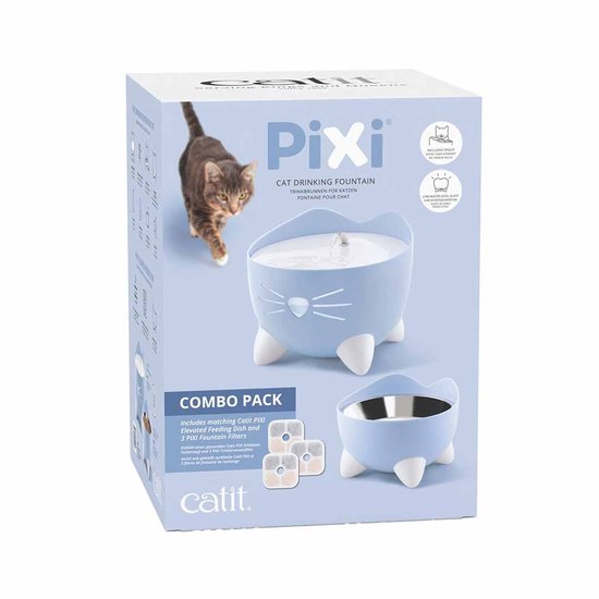 De Catit Pixi fontein combo pack in blauw met een kat die uit de waterbak drinkt.