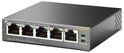 Zwarte TP-Link 5-Poorts Gigabit Desktop Switch met 4-Poort PoE. Linker LED's voor snelheid, rechter LED's voor PoE status.